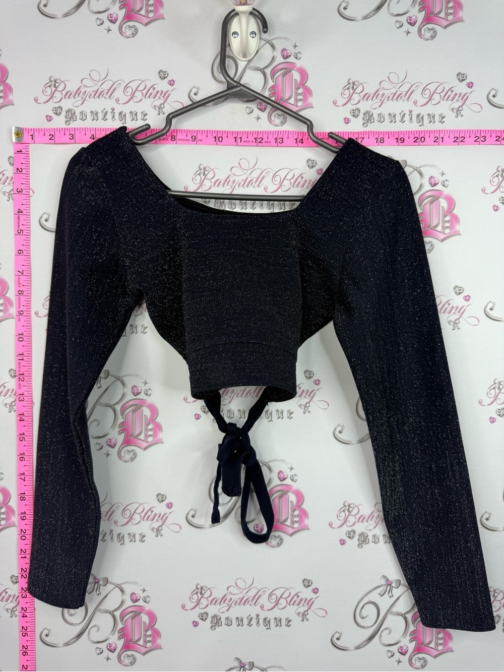 Crop navy sparkly Women's Sparkle Long-Sleeve Tie-Back Crop Top - Black